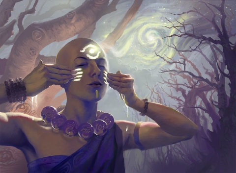 A monk is using her psychic senses to see beyond what her eyes can see